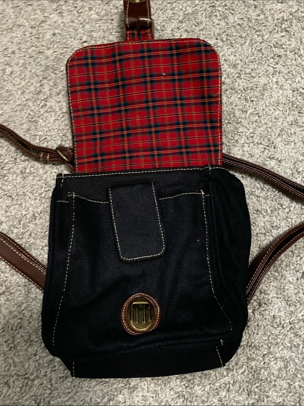 Y2K Black Canvas Square Mini Backpack with Brown Faux Leather Trim